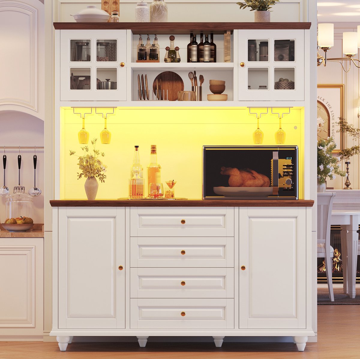 OKWISH Keukenkast - Highboard Met RGB Ledverlichting En Verstelbare Planken - 140 x 40 x 179,5 cm - MDF Wit