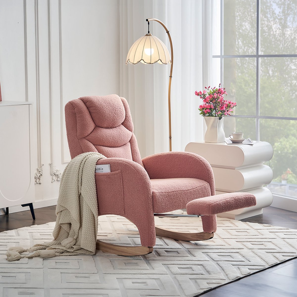 COVREO Schommelstoel 66 x 125 x 101 cm - roze pluche -stof, houten onderstel, met uitklapbare voetensteun
