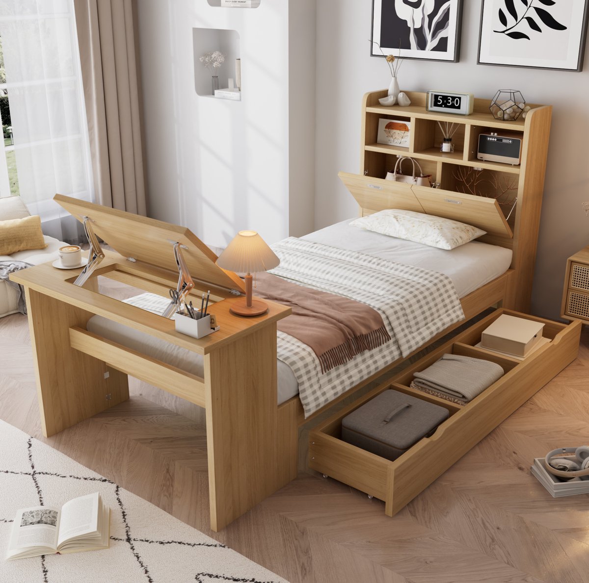 REDOM - Kinderbed - Opbergruimte - Bedframe met lattenbodem - Klaptafel aan voeteneinde - Modern - Kinderkamer - Spaanplaat - Naturel - 90 x 200 cm