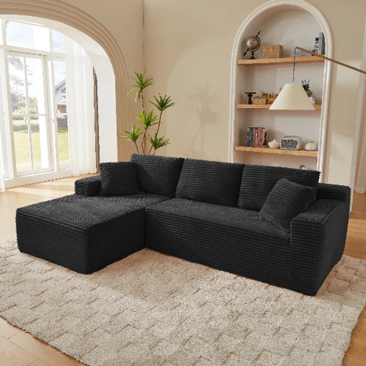 Moderne Hoekbank, L-Bank, 3-Zits bank, Modulaire Hoekbanken, L-Vormige Bank, 3-Zits Modulaire Bank, Hoekbanken Met Traagschuim Voor De Woonkamer, Cloud Bank Met Extra Grote Chaise Longue-Zwart
