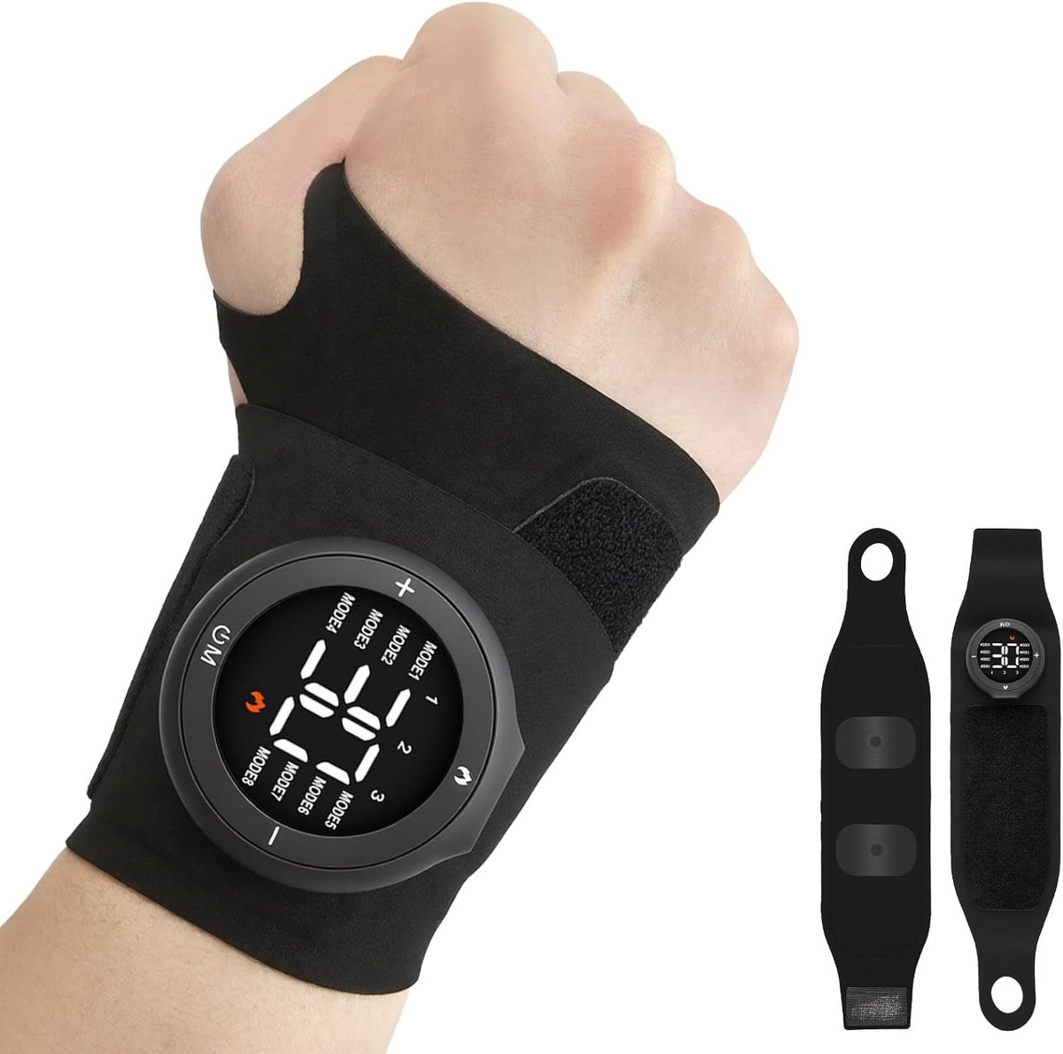 EMS & TENS Polsmassageapparaat met warmte, draadloos oplaadbaar handmassageapparaat, verlichting bij carpaal tunnelsyndroom, peesontsteking en artritis, voor links/rechterhand - zwart