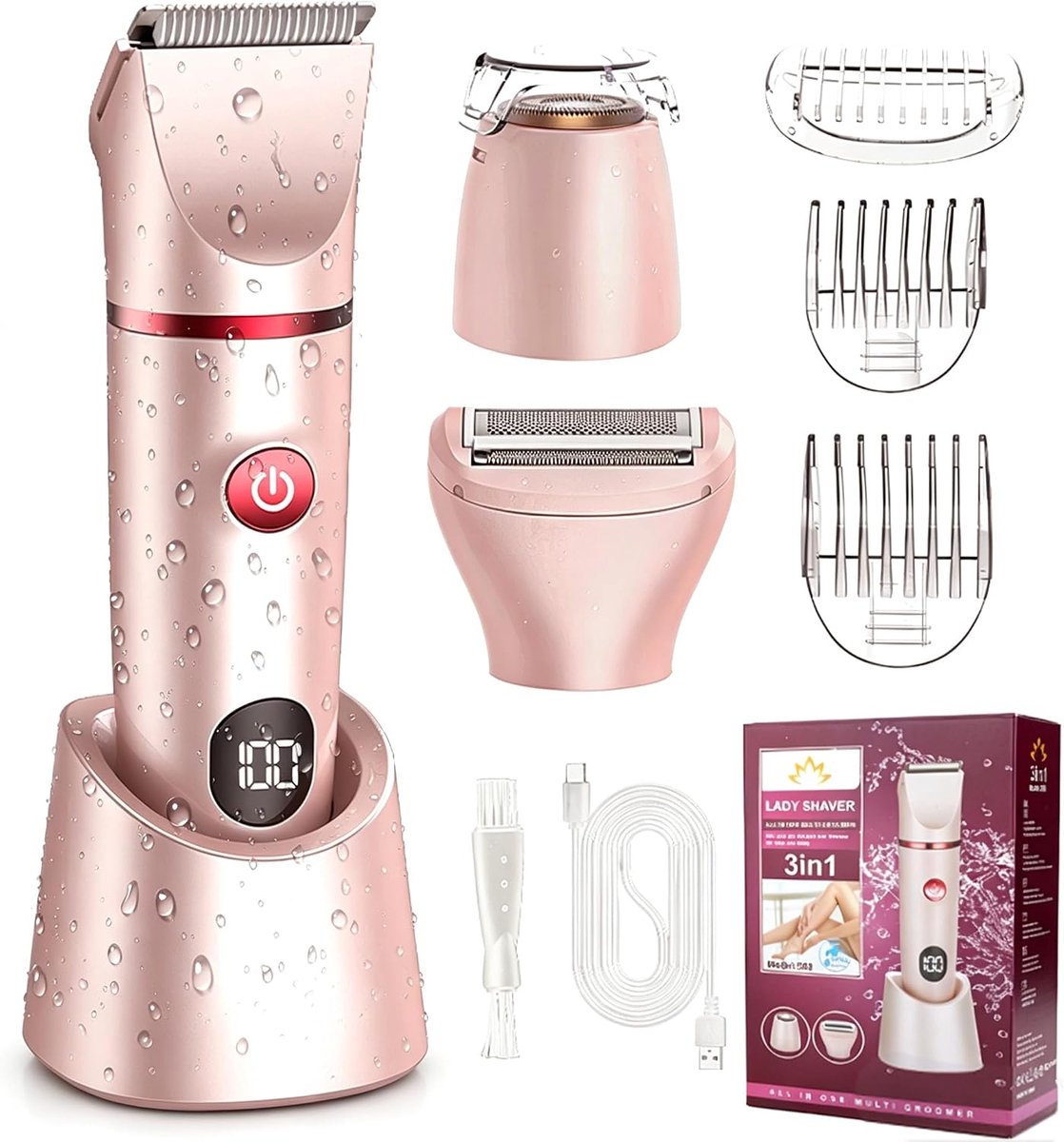 Scheerapparaat voor dames - 3-in-1 elektrisch scheerapparaat - haartrimmer voor vrouwen - lichaamstrimmer, intieme scheerapparaat - bikinitrimmen, IPX7 waterdicht, nat en droog, scheren voor