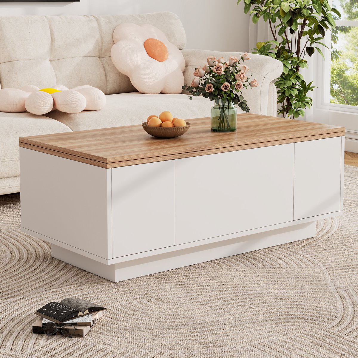 COVREO Salontafel 100 x 50 x 55,5 cm - wit houtkleur, dubbele hefplaten, 50 kg