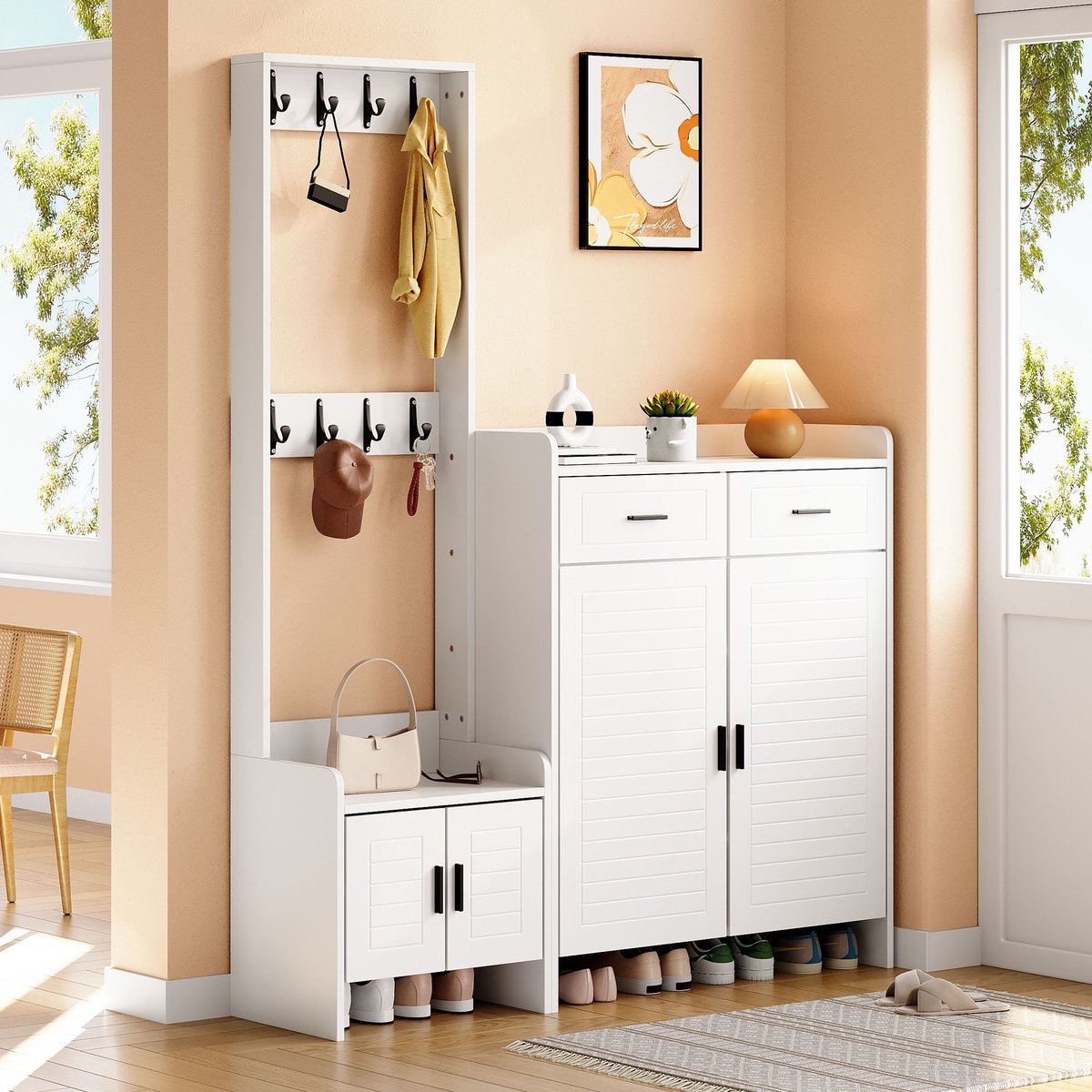 Hal- en schoenenkastset voor de entree met 2 lades - 2 kastdeuren - 6 planken en 8 haken. Ideaal voor hallen en entrees. Kleur: Wit - 125*36*165 cm