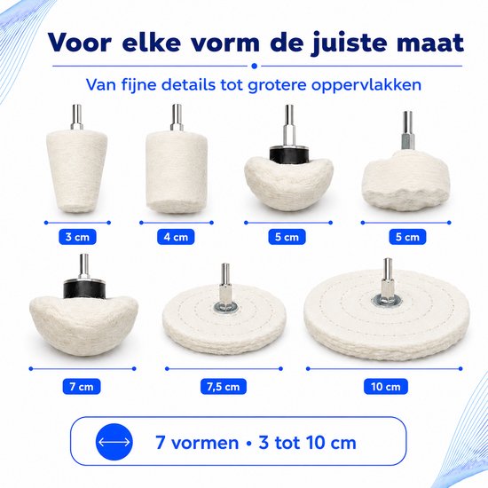 Overzicht van 7 polijstkoppen met aangegeven diameters van 3 cm tot 10 cm.