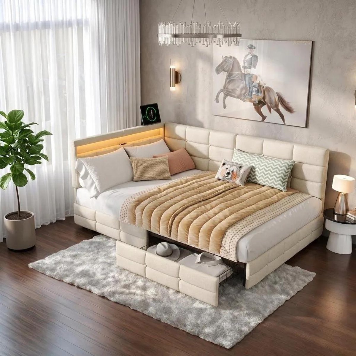MEXUS Gestoffeerd bed 140x200 cm met LED en USB, tweepersoonsbed met opbergruimte en lattenbodem,2 laden,slaapbank met rugleuning voor jongerenbed, linnen Beige, zonder matras