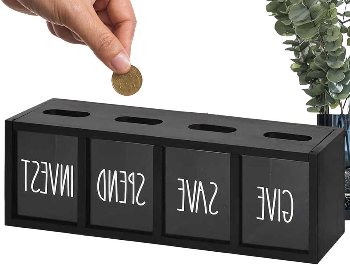 Geldspaarpot - Wandmontage box - Financiële educatie - Transparant 4 vakken - 35x12x10 cm - Zwart
