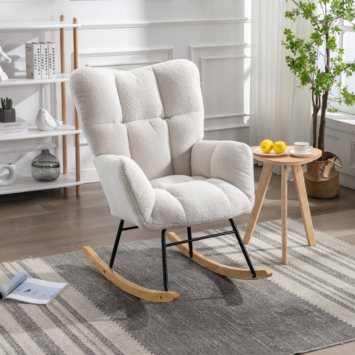 COVREO Schommelstoel 80 x 70 x 95 cm - wit pluche stof, houten basis en armleuningen