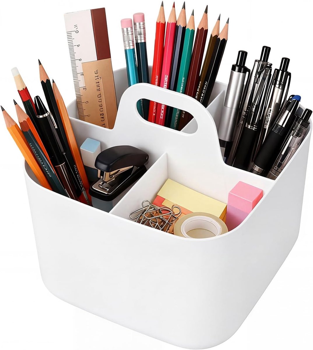 Stapelbare Opbergmand met Handvat - Veelzijdige Organizer met 4 Vakken voor Badkamer, Keuken en Kantoor - Ruimtebesparende Opbergbox voor Make-up en Schoonmaakspullen - Wit 16.5 x 16.5 x 15.5 cm