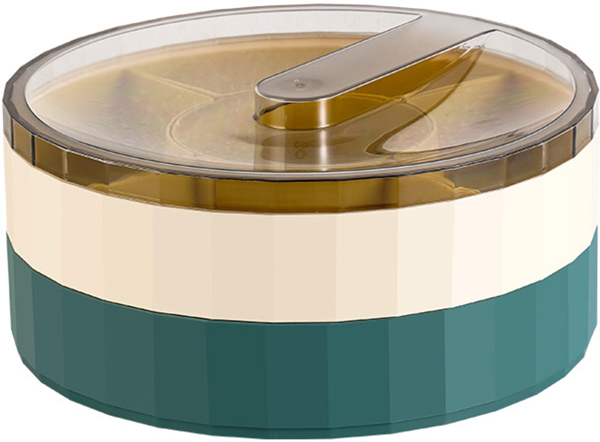VHV - Snackkom - Draaibare snackschaal met deksel, bestek en vakverdeling - Multifunctioneel dienblad voor noten, gedroogd fruit en snacks - 26 x 6,5 x 11,8 cm - Groen en wit