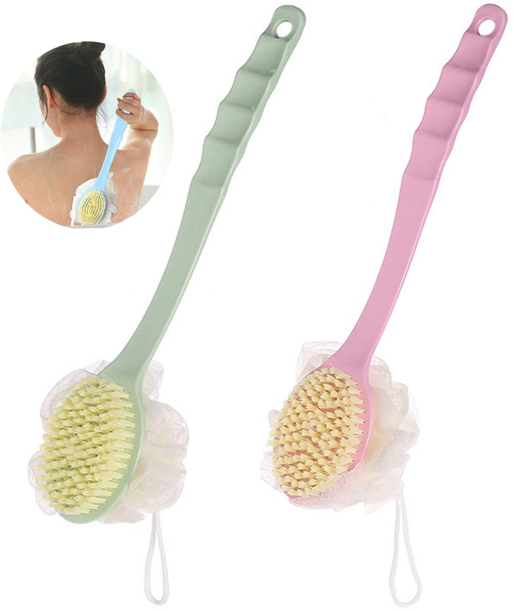 SnelShoppen - Loofah Mesh Poef Badborstel Set - 2-delige Lange Steel Rugscrubber - Zachte Exfoliërende Lichaamsborstel - ABS-Kunststof - Groen en Roze