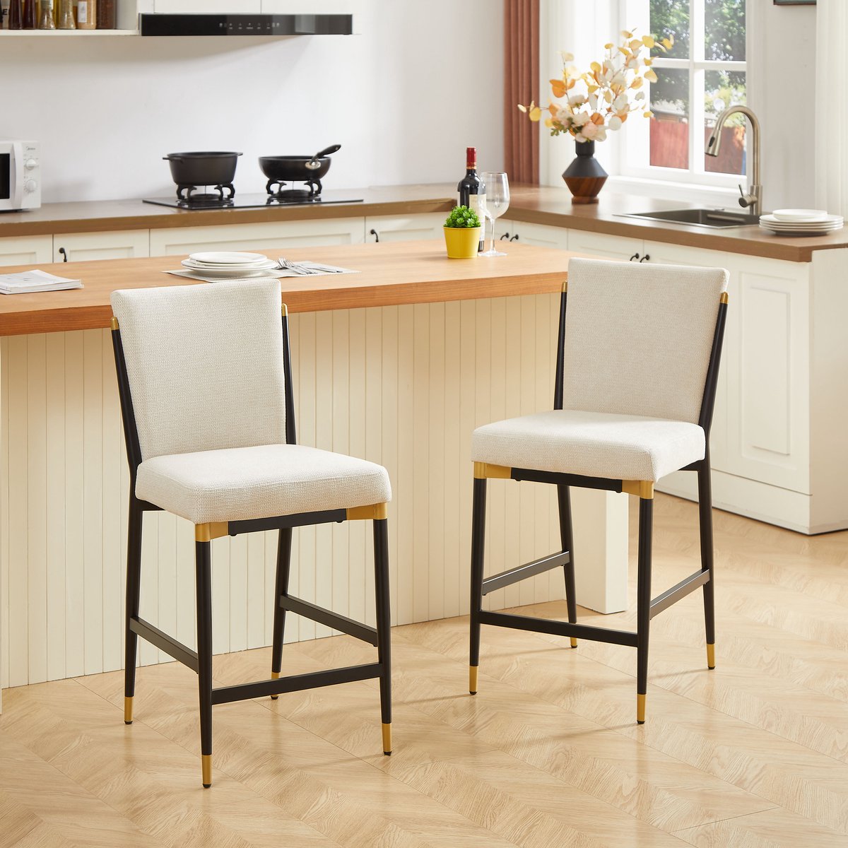 COVREO Barkruk 49x59x102 cm – beige stof, zwart-goud metalen frame, set van 2