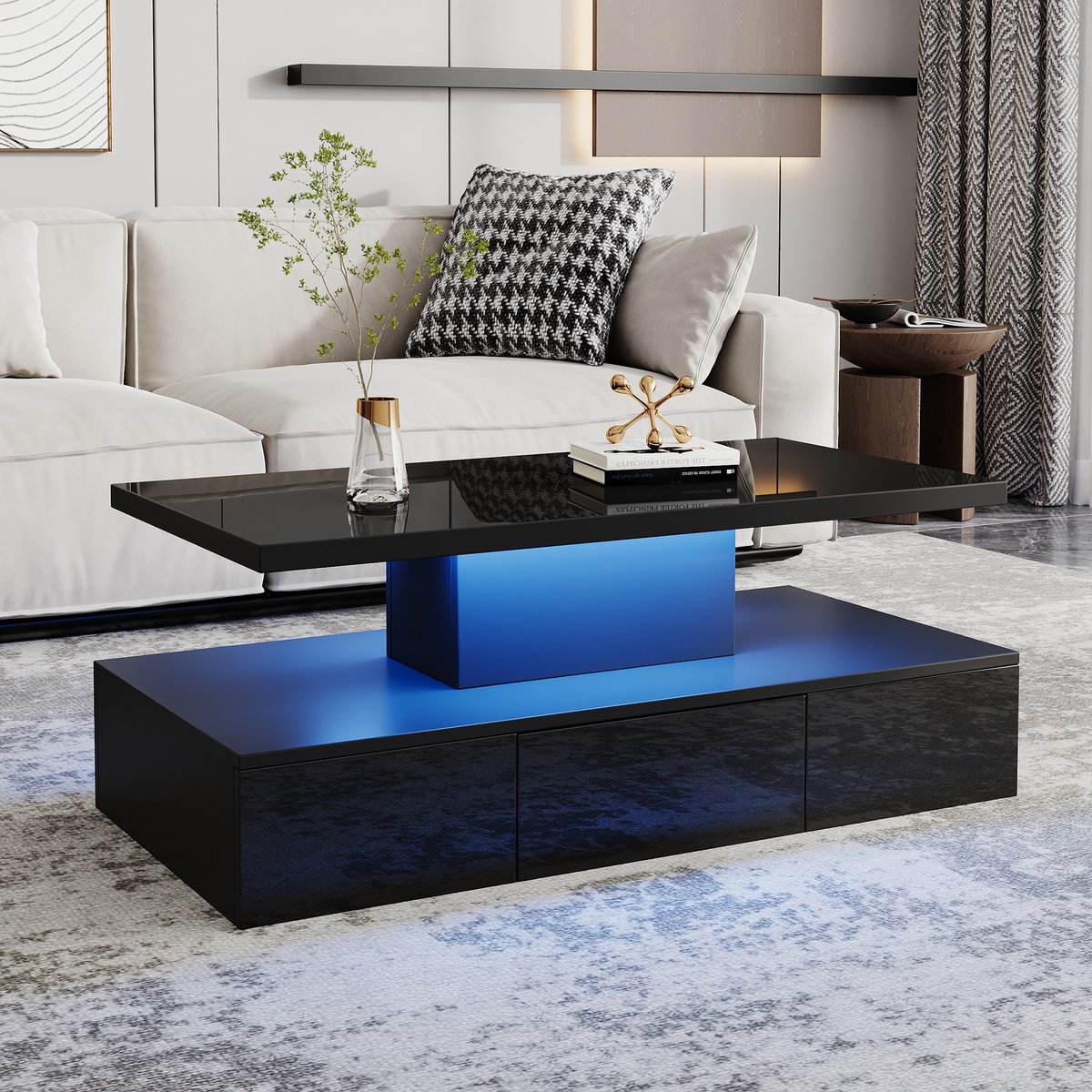 COVREO Salontafel 100x50x39 cm - zwart, hoogglans, LED-verlichting, open vak en 1 lade