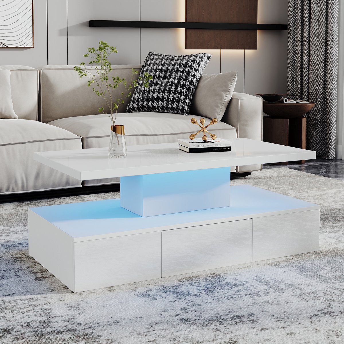 COVREO Salontafel 100 x 50 x 39 cm - wit, hoogglans blad, open vak en 1 lade