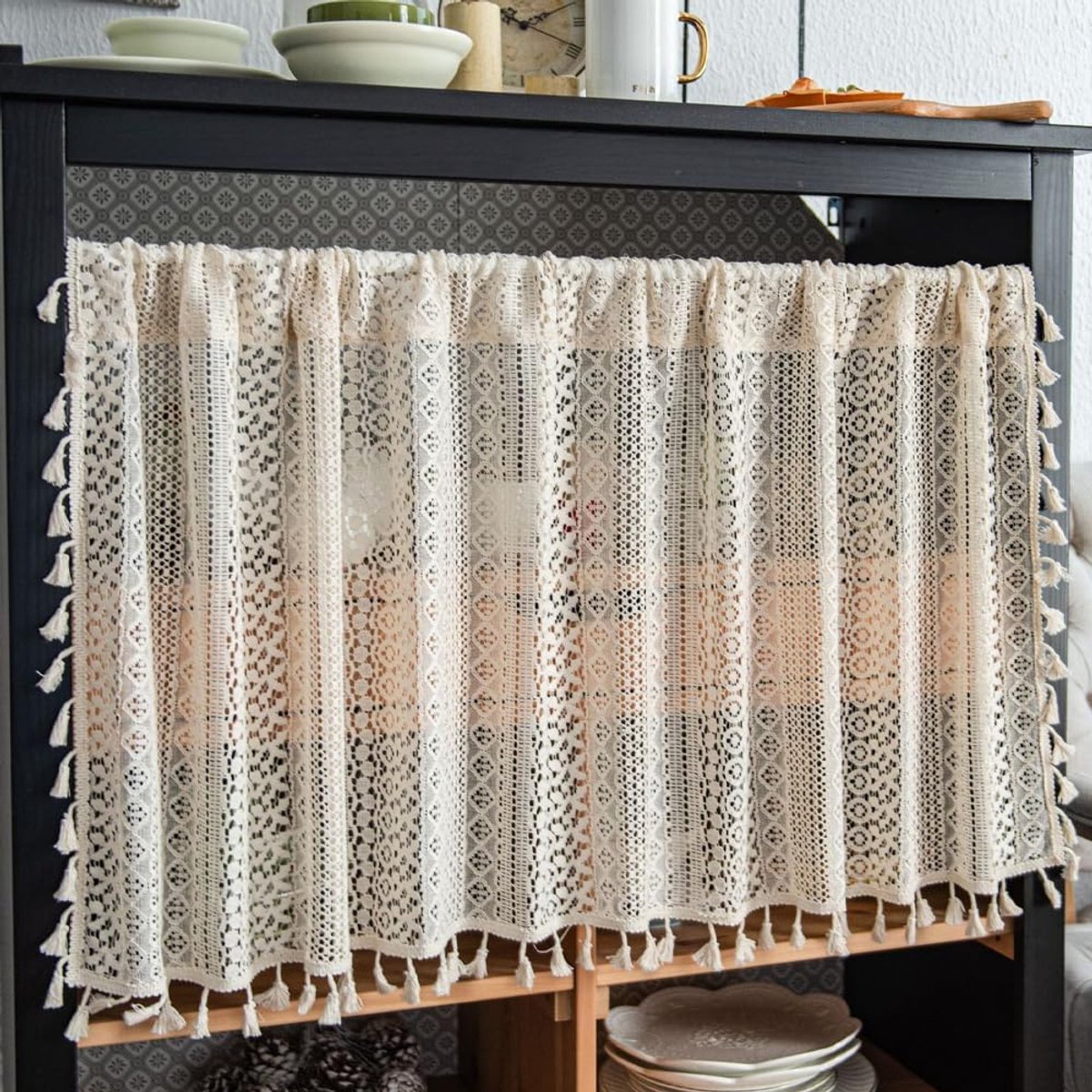 SnelShoppen - Short Curtain - Beige Opaque Boho Style Gordijnen van Premium Polyester - Ademend en Kreukvrij - Perfect voor Woonkamer, Slaapkamer, Keu