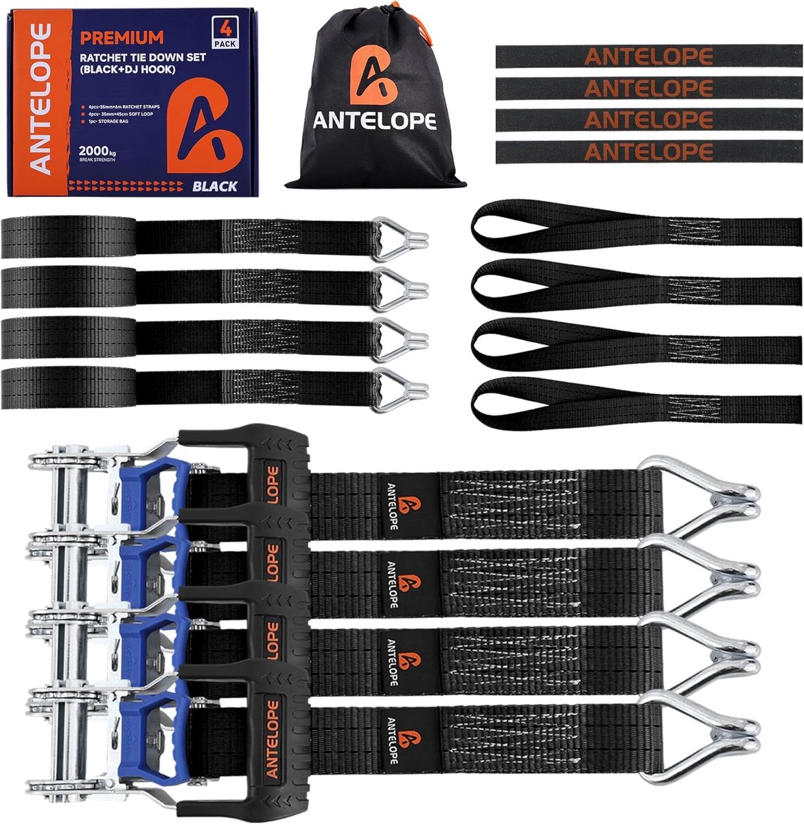 SnelShoppen - Pack van 4 Ratchet Straps 6 m 35 mm Lashing Straps met Haak en Ratchet, 2 Ton (2000 kg) - Zwarte Tie Down Straps voor Motorfiets, Auto,