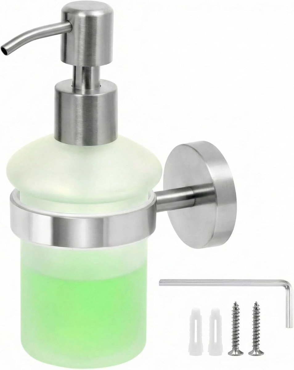 SnelShoppen - Wandzeepdispenser, Douche Zeepdispenser, Satin Glas en 304 RVS, Voor Douchegel, Handzeep, Modern Design, Voor Badkamer en Toilet