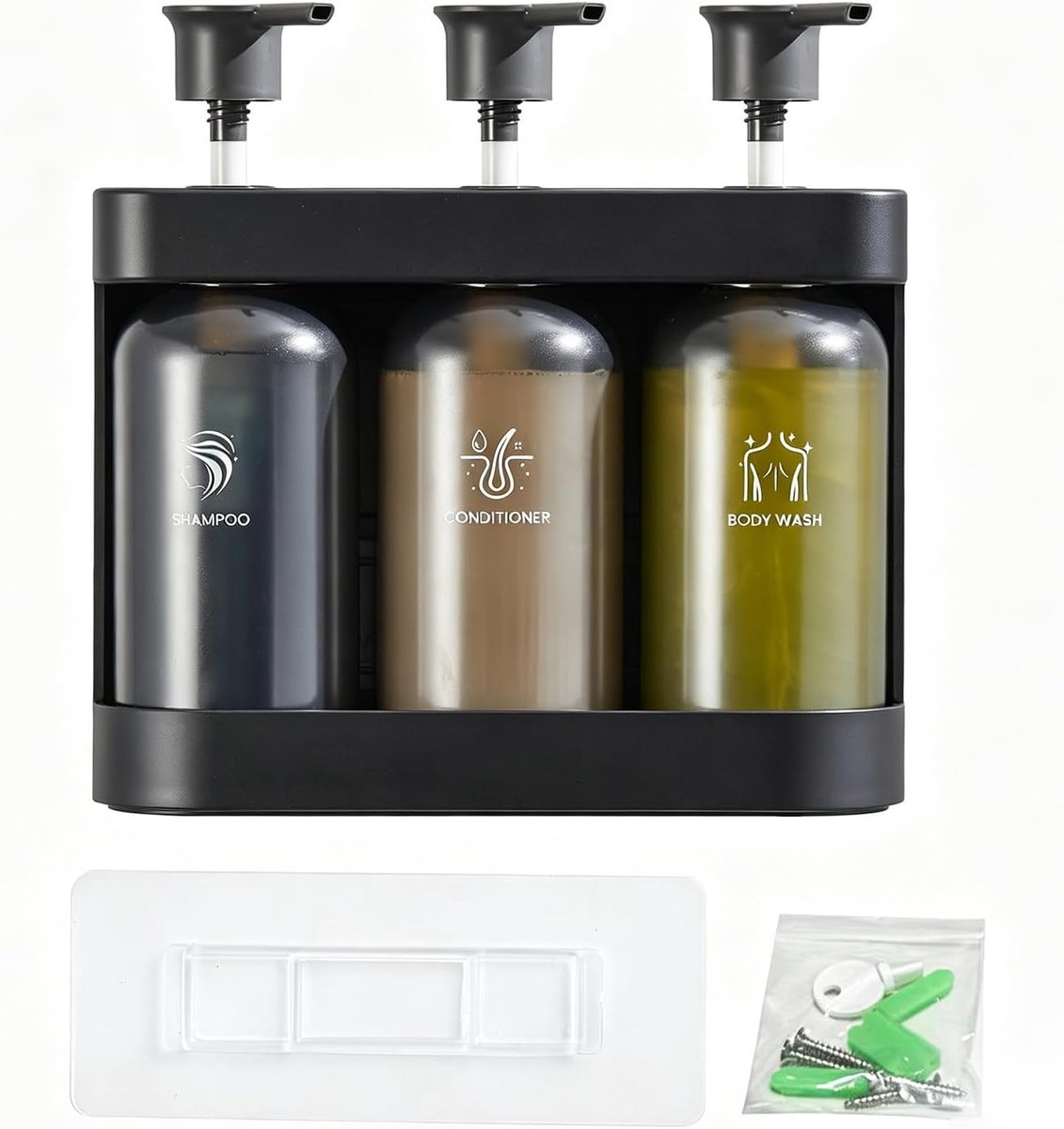 SnelShoppen - 3-Vaks Douche Zeepdispenser Wandmontage, Geen Boren Sticker Beugel, Shampoo Conditioner Lichaamswas Dispenser 380ml Set van 3 ABS Flesse