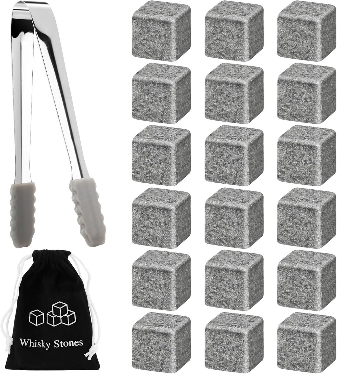 SnelShoppen - 18 Delige Whiskey Stones Set - Herbruikbare Graniet IJsblokjes voor Whisky, Wijn en Dranken - Inclusief Stoffen Zak en IJsclip - Perfect