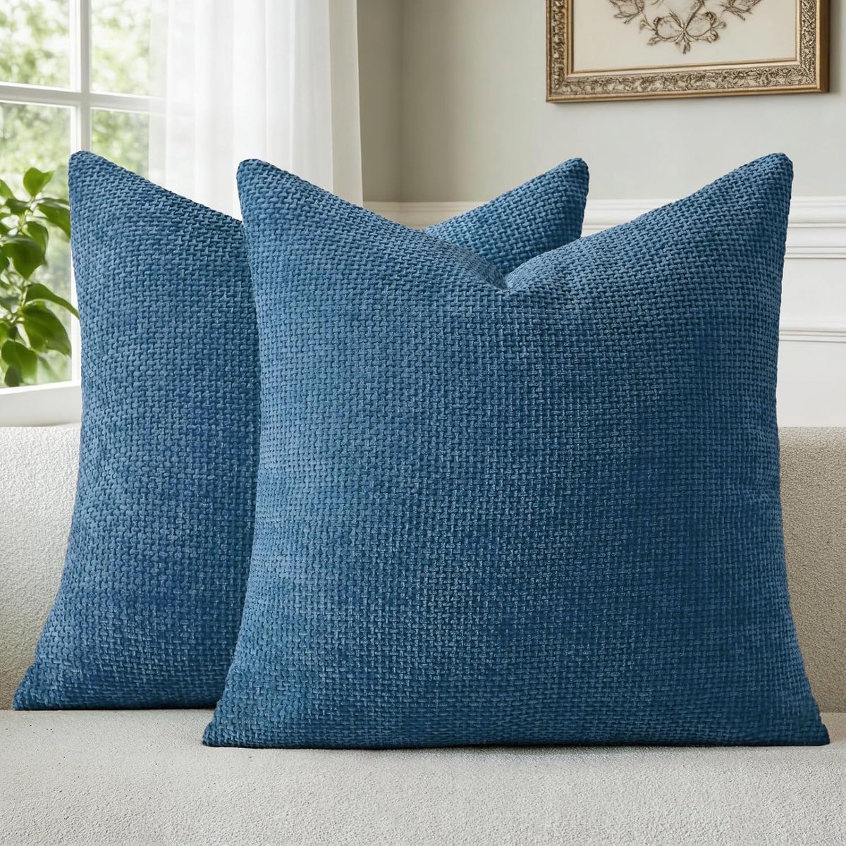 SnelShoppen - Set van 2 Chenille Kussenhoezen 50x50 cm Zee Blauw - Zachte Fluffy Decoratieve Kussenhoezen met Verborgen Rits - Wasbaar voor Bank, Woon