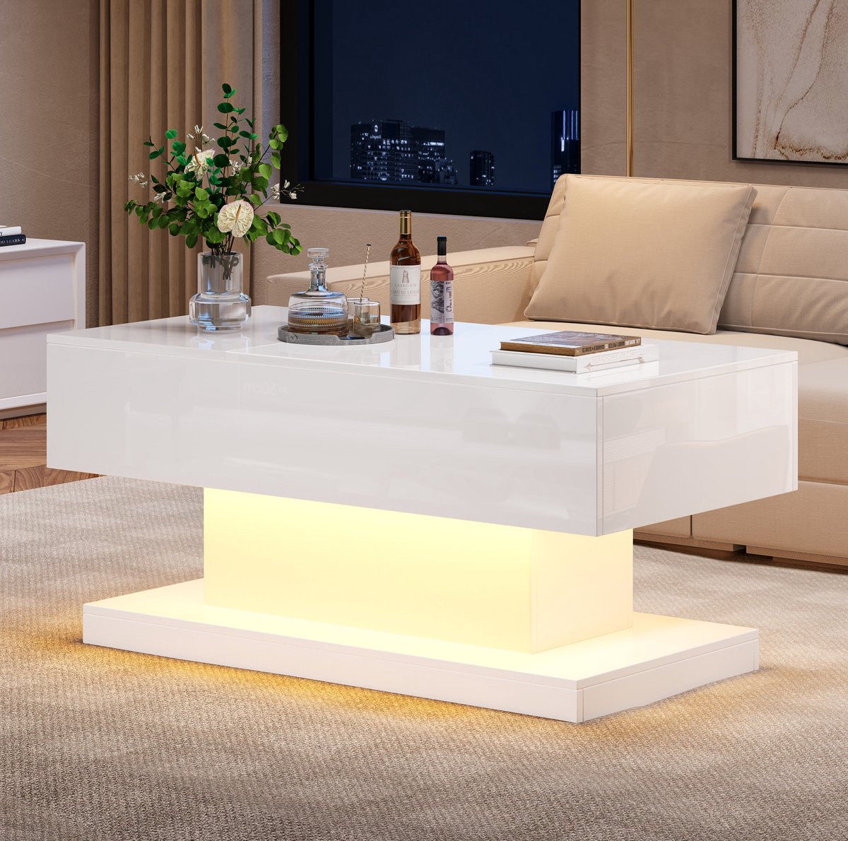 COVREO Salontafel 100 x 50 x 45 cm – wit hoogglans, LED-verlichting en opbergruimte