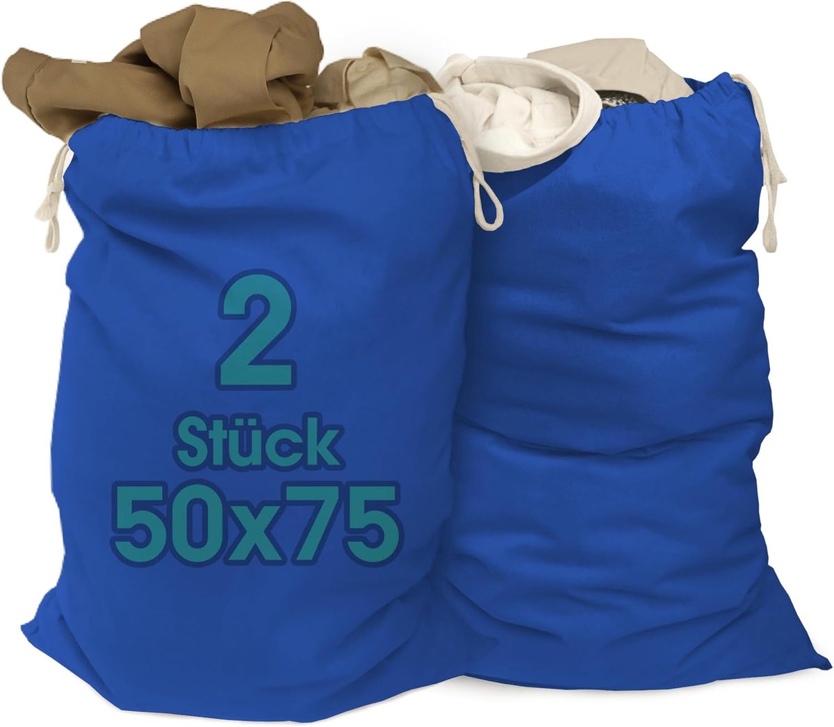 SnelShoppen - Extra grote waszakken 50 x 75 cm, 100% katoen, duurzame waszakken met trekkoord, wasverzamelaar, kledingzak, opbergtassen in blauw, set