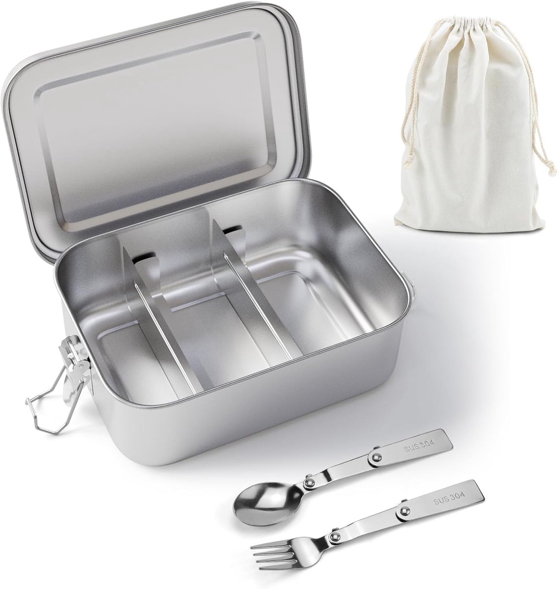 SnelShoppen - RVS Lunchbox met 2 Compartmenten, 2400 ml, Levensmiddelveilige Stalen Lunchbox voor Volwassenen met Draagtas, Vouwlepel en Vork, Lekvrij