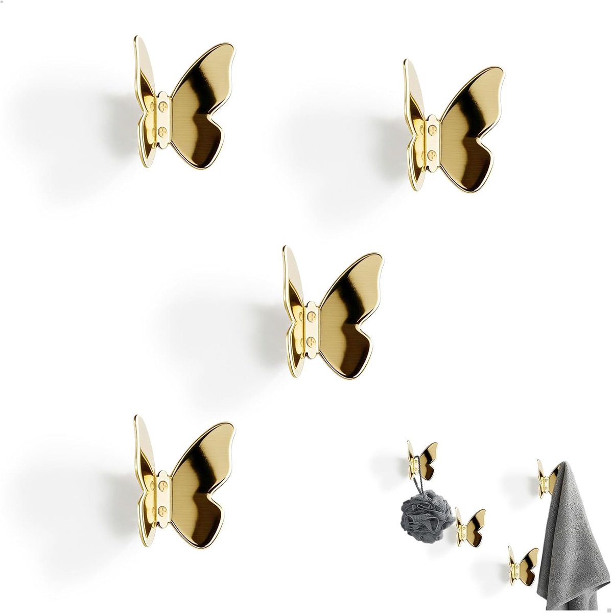 SnelShoppen - Set van 4 Gouden Kledinghaken, Wandhaken met Vlinder Design, RVS, Roestvrij en Sterke Draagcapaciteit tot 10 kg, Ideaal voor Hal, Keuken