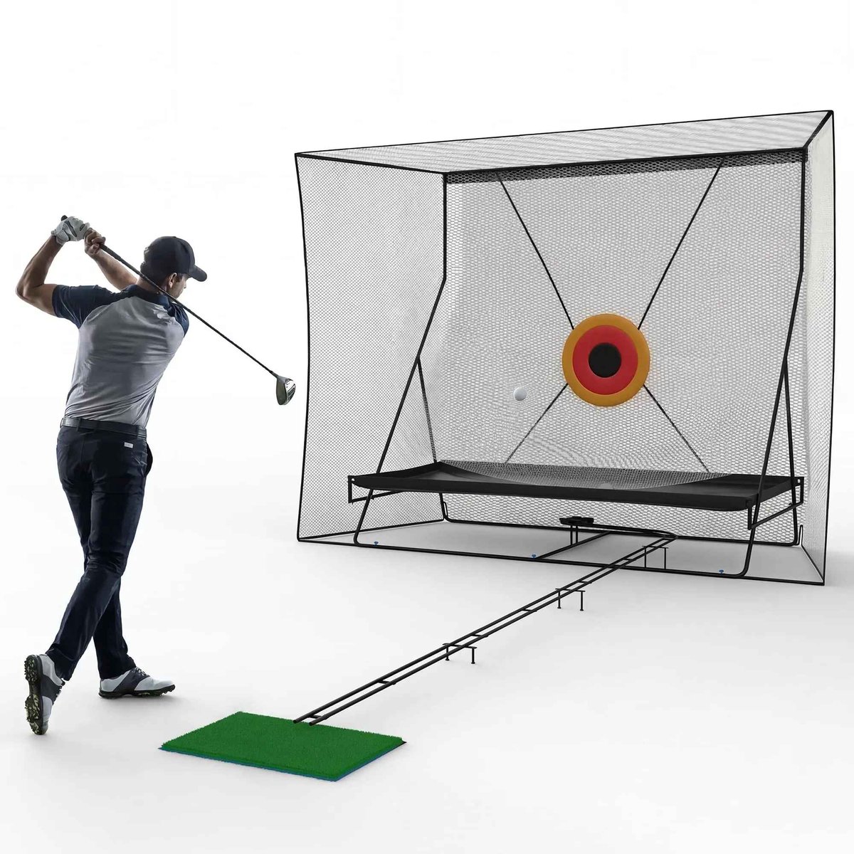 CORE Golf Oefennet - Groot Trainingsnet met Balretoursysteem - Golf Chipping en Swing Oefennet met Doelwit - Draagbaar Golfnet voor Binnen en Buiten - Inclusief Beschermhoes en Draagtas - Trainingshulp - Terugrol lengte 370cm - 282x110x240cm - Zwart