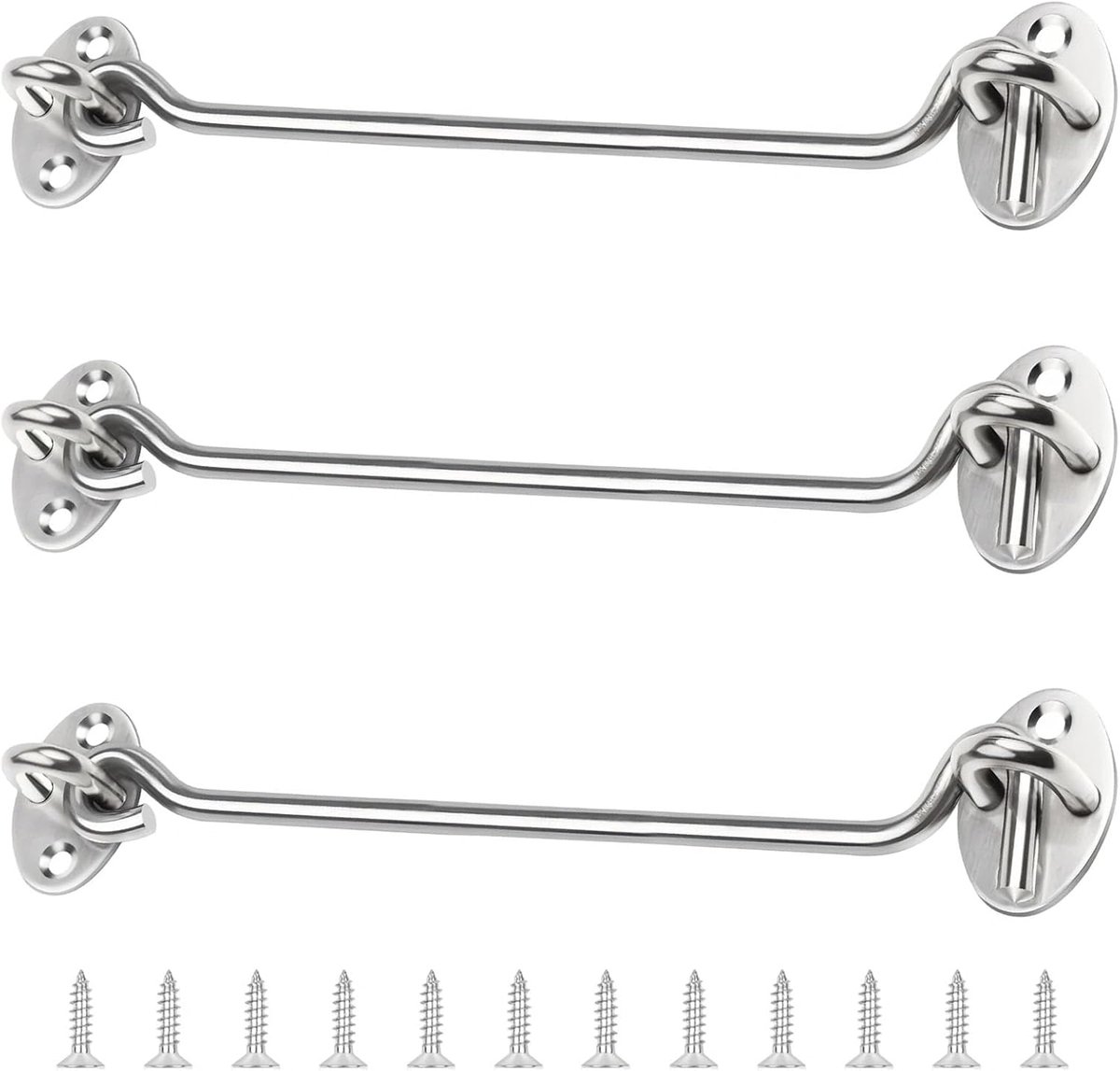 SnelShoppen - 3 Pack Storm Hooks met Oog, 20 Inch RVS Cabin Hooks, 201 RVS Deursluiting Zilver voor Deuren, Vensters, Kasten en Huisdieren