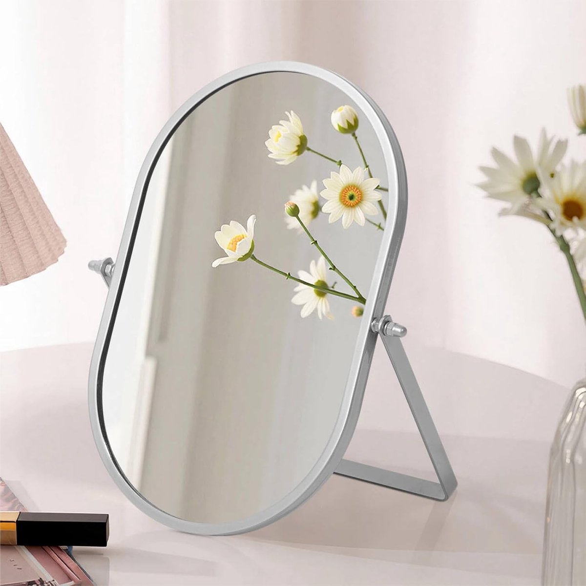 SnelShoppen - Oval Desk Mirror met Metaal Frame, 90° Kantelbare Make-up Spiegel, Vouwbare en Draaibare Spiegel voor Kaptafel, Badkamer, Slaapkamer, Ka