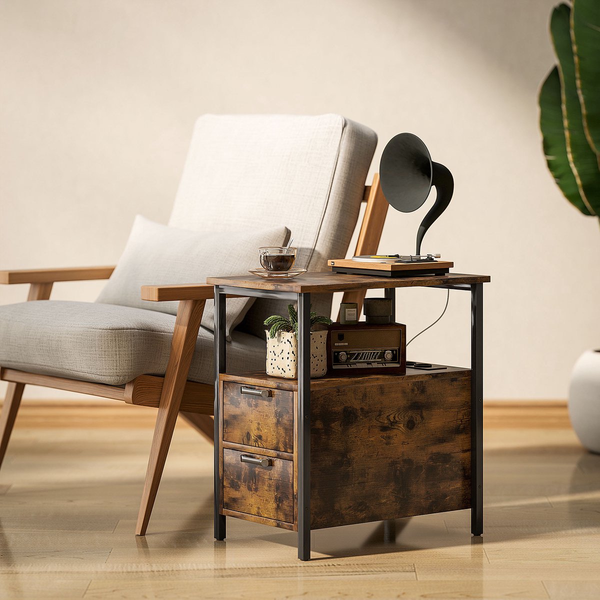 COVREO Bijzettafel 55x35x58,5 cm – bruin, 2 lades en oplaadstation