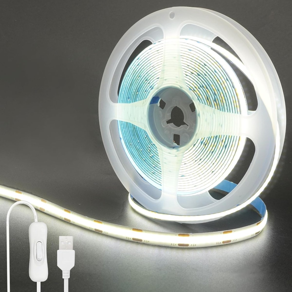 SnelShoppen - 5V USB COB LED Strip Licht met Aan/Uit Schakelaar, 2M Koud Wit 6500K, 320 LEDs/M, 8mm Breed, Voor DIY Interieur, Niet Waterdicht IP20
