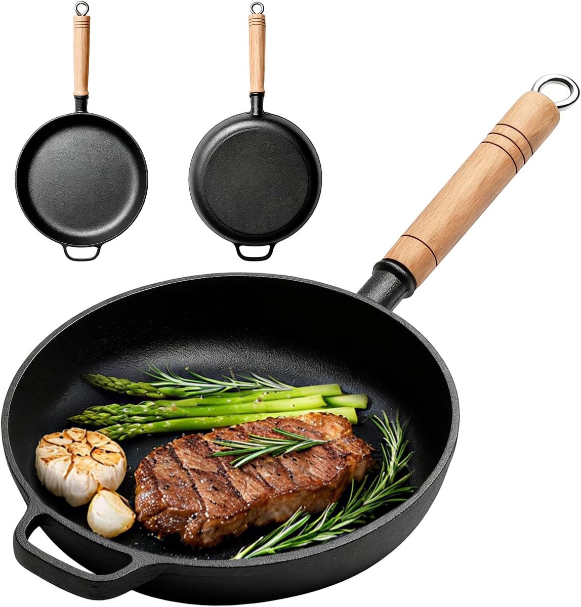 SnelShoppen - Cast Iron Pan 27cm, Uncoated Frying Pan Grillpan met Houten Handvat, Duurzaam en Multifunctioneel, Geschikt voor Alle Hobs en Koken