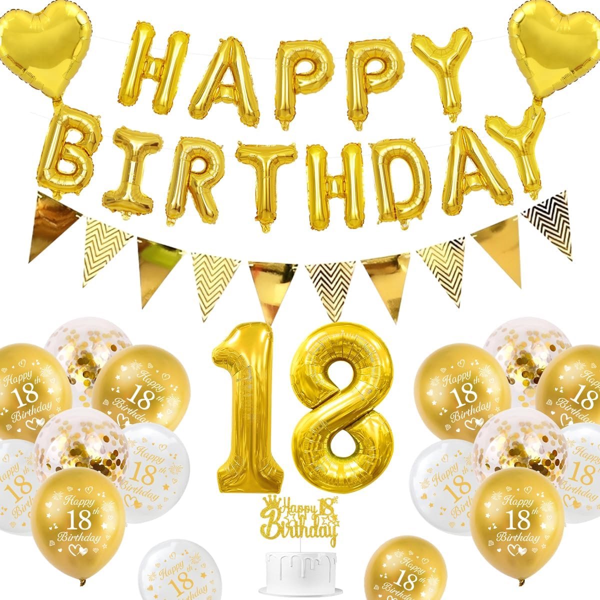 SnelShoppen - 18 Verjaardagsdecoratie Set voor Mannen en Vrouwen, Gouden en Witte Ballonnen, Happy Birthday Banner, Metallic 18e Verjaardag Decoratie,