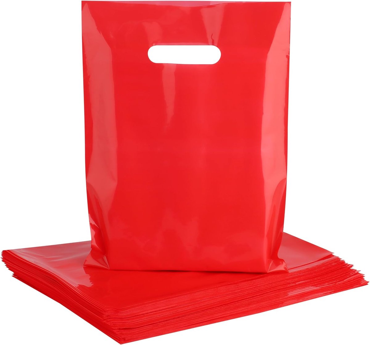 SnelShoppen - Rode plastic zakken met handgrepen - 100 stuks - 23x30 cm - Dikke glanzende boodschappentassen voor geschenkverpakking en feestartikelen
