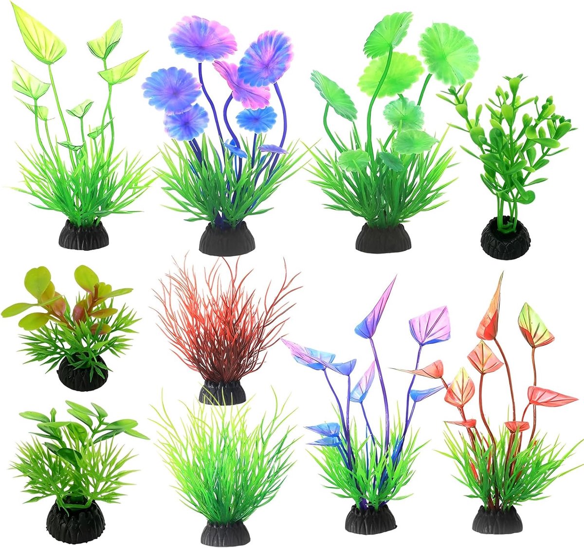 SnelShoppen - Aquariumplanten Kunstmatig - 10 Stuks Decoratieve Planten voor Aquarium - Levensechte Kunstwaterplanten in Paars, Groen en Rood - Perfec