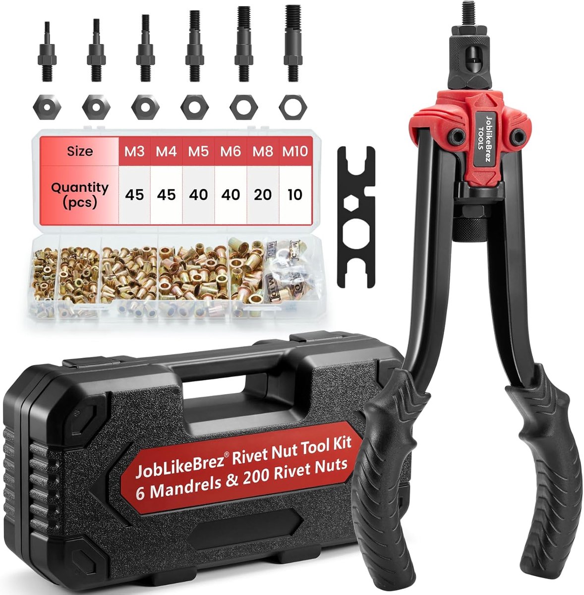 SnelShoppen - Rivet Nut Pliers Set met 200 Rivet Nuts, M3-M10 Mandrels en Draagtas - Professionele Blind Rivet Pliers voor Metaalbewerking en Auto Ond