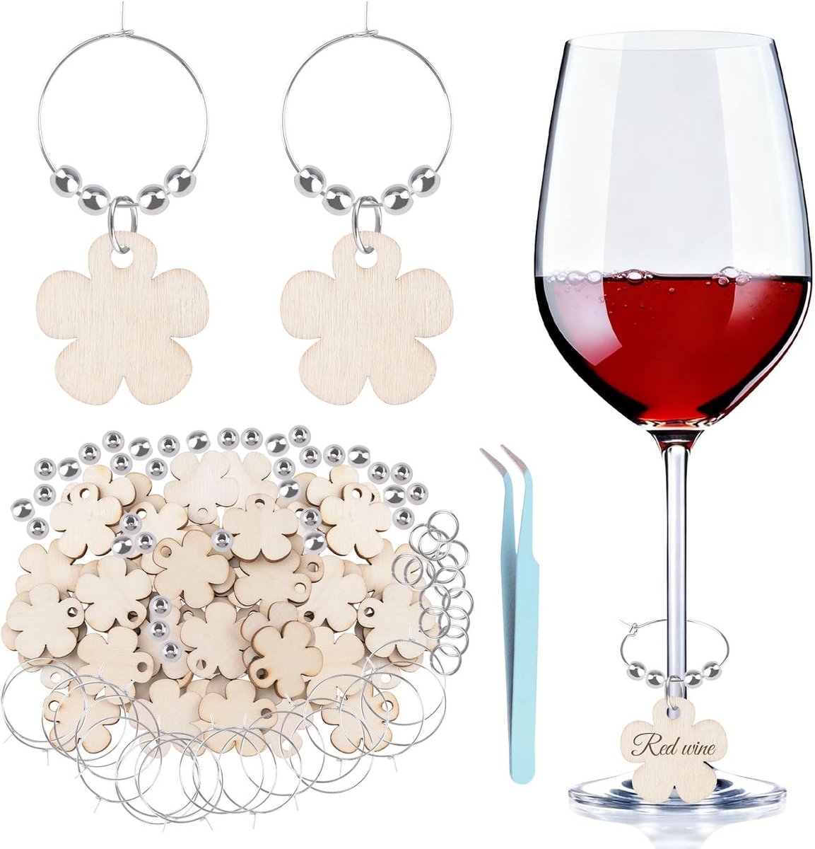 SnelShoppen - 50 Stuks Houten Wijn Glas Charm, Bloemvormige Wijnringen, Blank Drinkmarkers voor Wijnproeverijen, Bruiloften en Verjaardagen