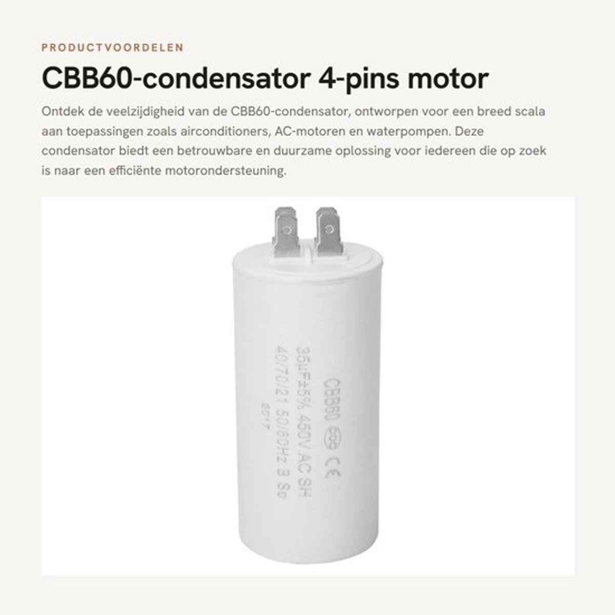 Condensator 450V 35uF - Startcondensator - 4-pins Motor - Vlamvertragend - Hoog Isolatieweerstand - Lichtgewicht - Motorcapacitor