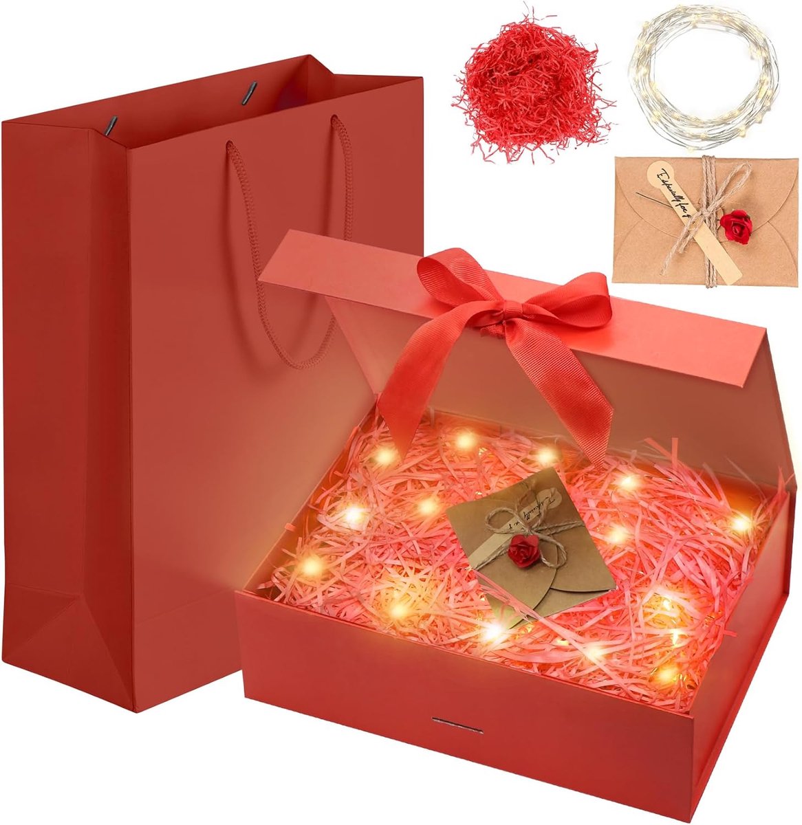 SnelShoppen - Grote Rode Cadeau Doos met Deksel, Luxe Geschenkdoos met Strik en Riemen, Magnetische Sluiting, 26x19x8 cm - Perfect voor Verjaardag, Br