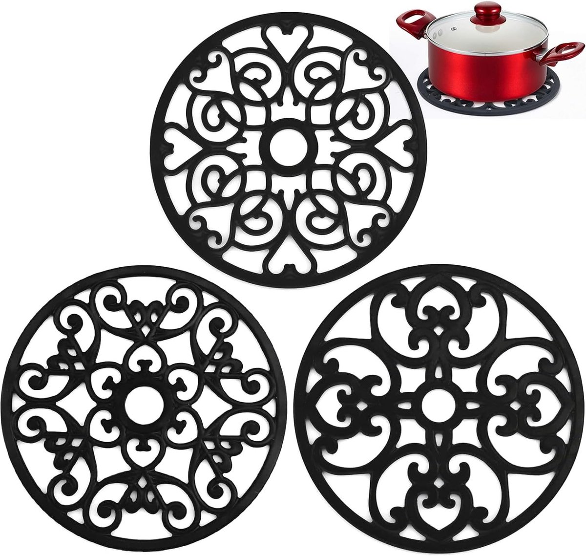 Thijox - 3 Stuks Siliconen Pannenonderzetters - Multifunctionele Ronde Potonderzetters - Hittebestendig en Voedselveilig - Zwart - 19,5 cm voor Keuken
