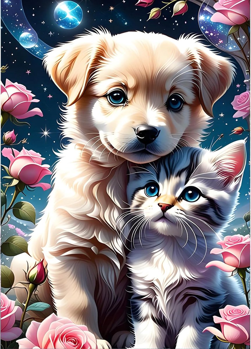 SnelShoppen - 5D Diamant Schilderen Kit voor Puppy en Kitten, Volledige Ronde Drill, DIY Bloemen, Kunstset voor Volwassenen en Beginners, Wanddecorati