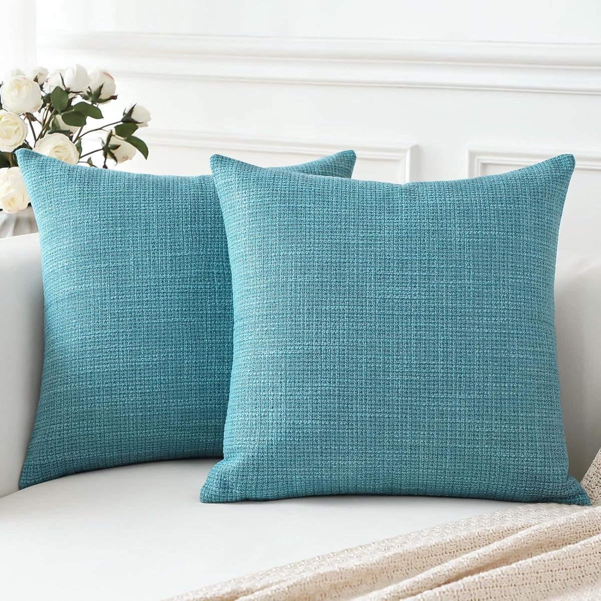 SnelShoppen - Set van 2 Turquoise Kussenhoezen 40x40 cm van 100% Linnen voor Woondecoratie, Sofa, Slaapkamer, Auto, Feest, Kinderen