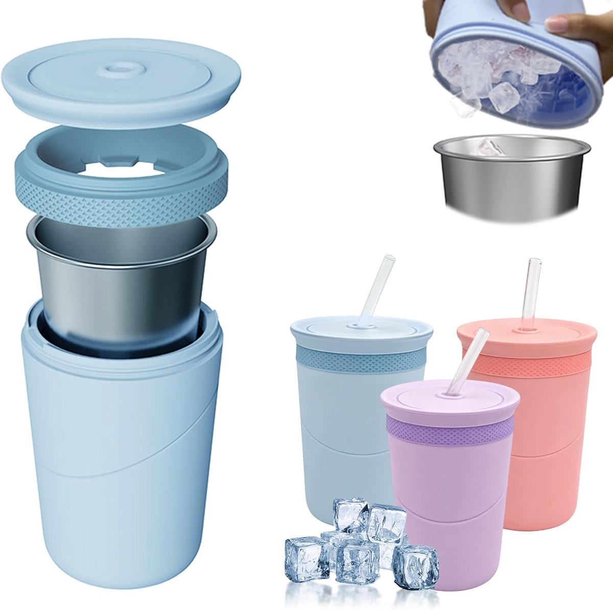 SnelShoppen - Herbruikbare Ice Cube Fles met RVS Bekertje en Deksel, Blauw, 3-in-1 IJsblokjeshouder, Ideaal voor Feest, Camping en Tuin