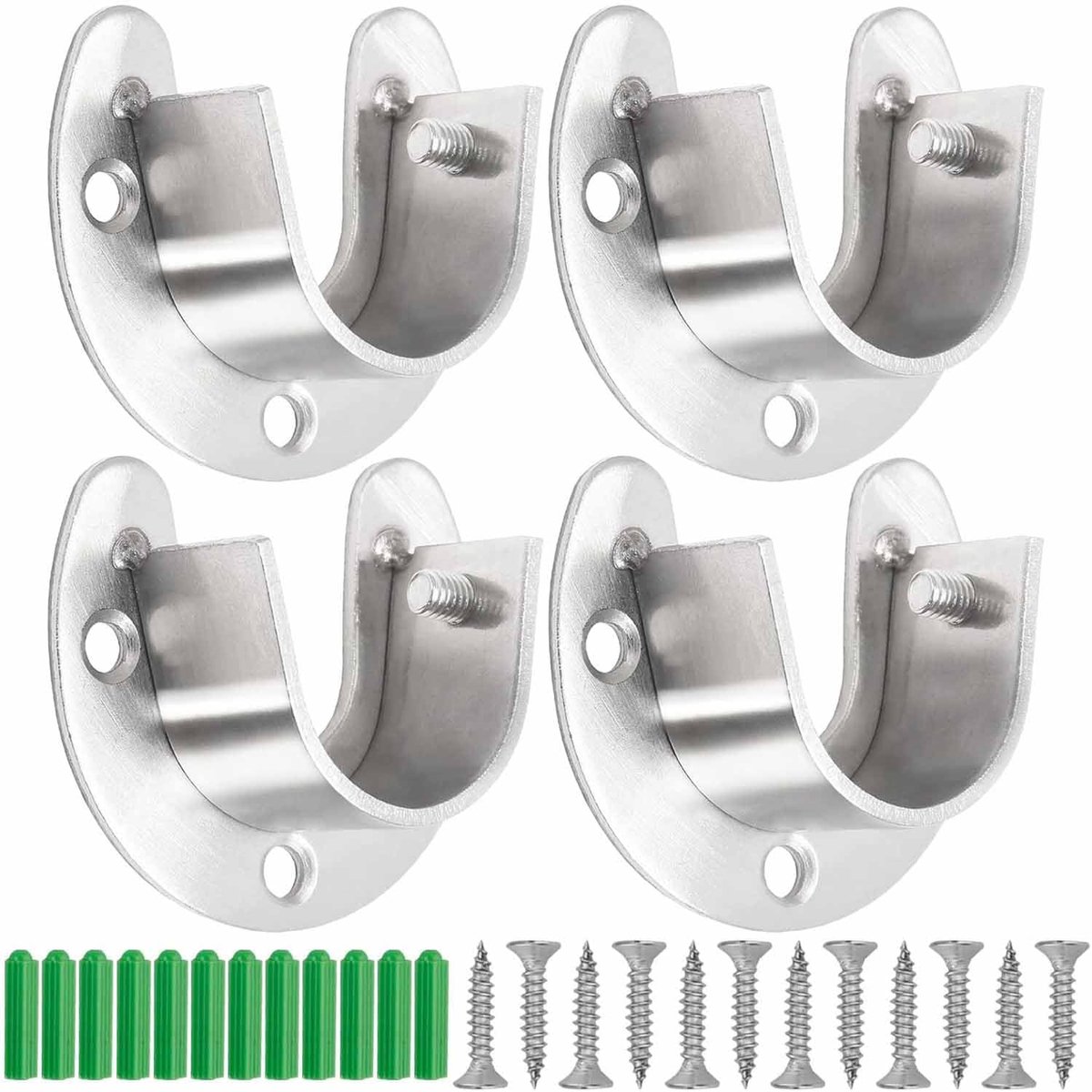 SnelShoppen - Pack van 4 U-vormige Kledingrailhouders, Ronde Buizen, Roestvrij Staal, Flens 32mm, Voor Gordijnen, Stangen, Kasten, Duurzaam en Sterk