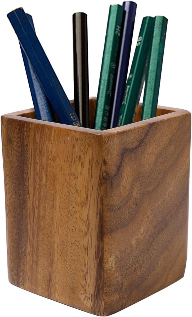 SnelShoppen - Houten Vierkante Walnoten Pennenhouder - Elegante Bureau Organizer voor Kantoor, School, 10 x 8 x 8 cm - Handgemaakt, Stijlvol Design, C