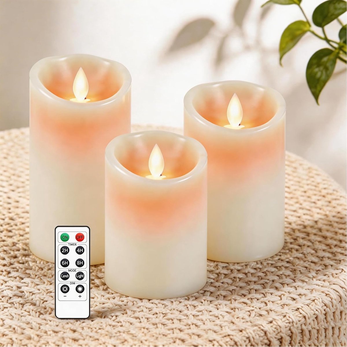 SnelShoppen - Set van 3 Flameless LED Kaarsen van Echt Was, Flickerende Decoratie met Afstandsbediening, Kerst- & Tafelversiering 4"/5"/6", Beige voor