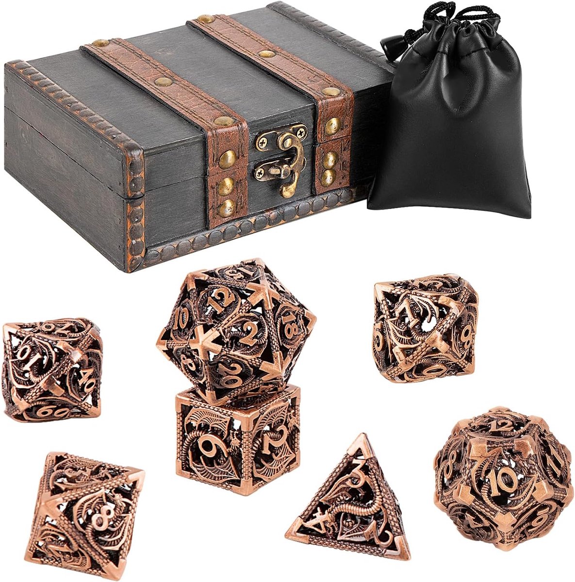 SnelShoppen - 7-delige Hollow Metal DND Dobbelstenen Set in Vintage Houten Doos & Zak - Premium Polyhedrale Dobbelstenen voor Dungeons and Dragons, RP