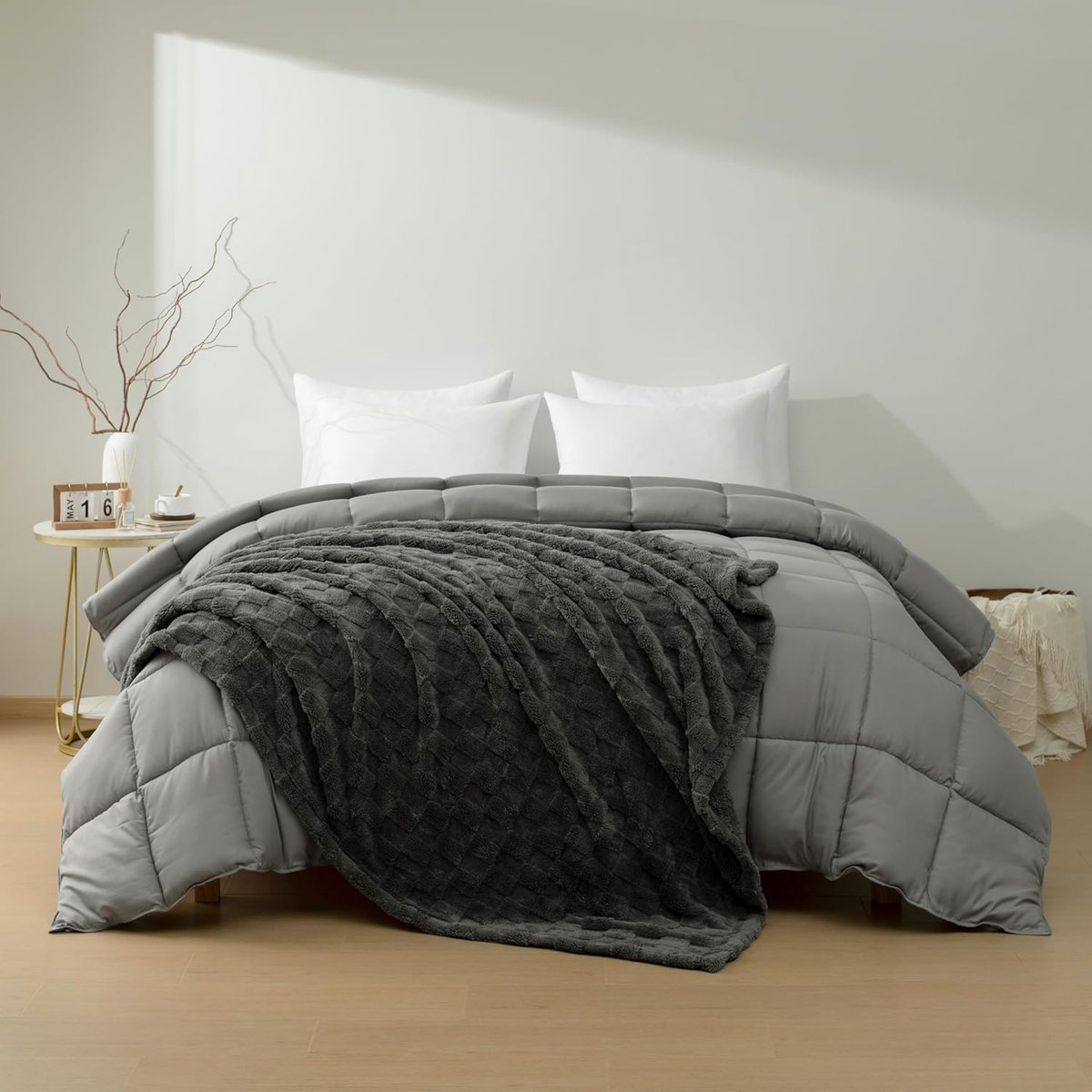 SnelShoppen - 4 Seizoenen Dekbed 200x200 cm met Fleece Flanel, Gewatteerd Donkergrijs Microvezel, Inclusief Knuffeldeken 150x200 cm, Oeko-Tex Gecertif